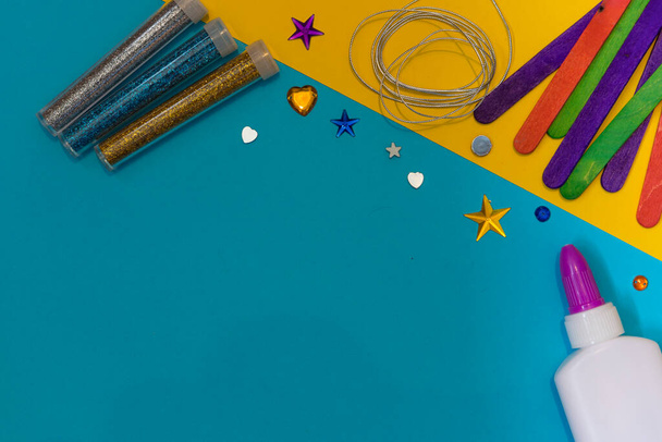 Arts and craft flat lay with craft materials. Back to school background - Fotoğraf, Görsel