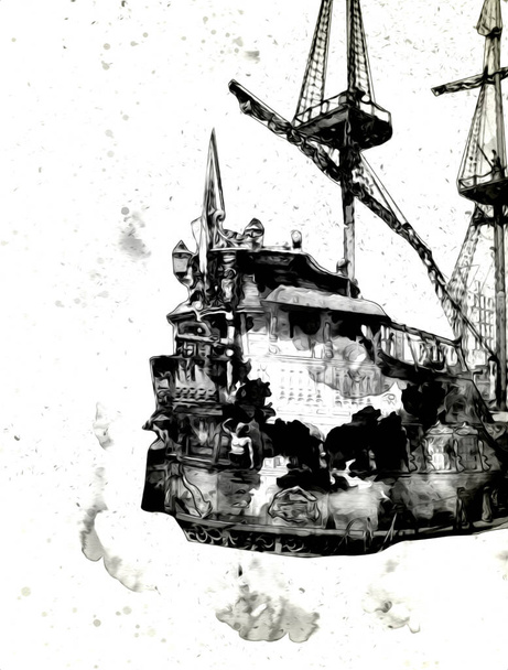 Merirosvolaiva purjehtii merellä kuvitus taide piirustus luonnos vuosikerta - Valokuva, kuva