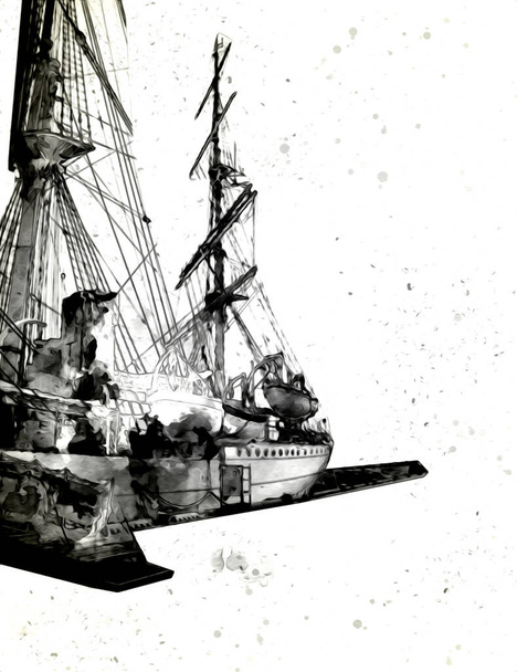 Антикварная лодка морской мотив рисование ручной работы иллюстрации художественный винтажный рисунок - Фото, изображение