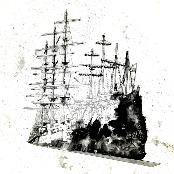 Antique boat sea motive drawing handmade illustration art vintage drawing - Photo, Image