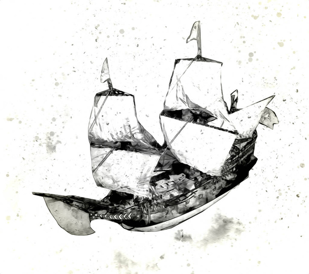 Antique boat sea motive drawing handmade illustration art vintage drawing - Photo, image