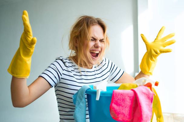 Cleaning lady with gloves work think household housewife - Photo, image