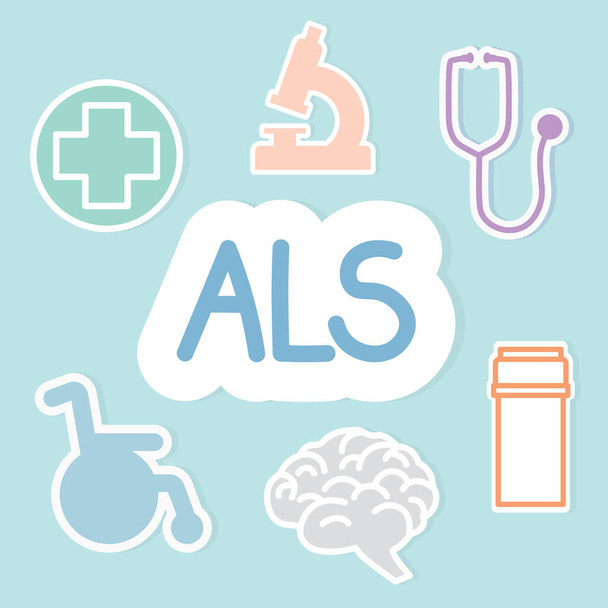 ALS (Amyotrophic Lateral Sclerosis) mozaikszó és a kapcsolódó ikonok- vektor illusztráció - Vektor, kép