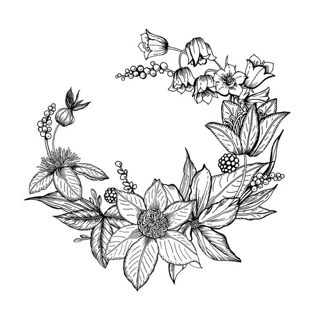 Graphic wreath with stylized flowers. Vector illustration. Manual graphics. - Vektör, Görsel