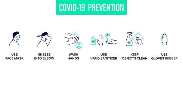 Segni di prevenzione del coronavirus. Misure protettive fondamentali contro il nuovo coronavirus. Consigli Coronavirus per il pubblico tramite icone. Informazioni e indicazioni importanti per rimanere in buona salute da Covid-19 - Vettoriali, immagini