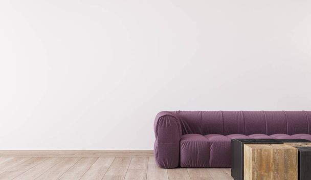 Helles Wohnzimmerinterieur, modernes Sofa an weißer leerer Wand, 3D-Render - Foto, Bild