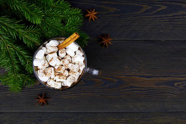Cup of hot chocolate with marshmallows and cinnamon. Winter Christmas drink made from cocoa. - Foto, imagen