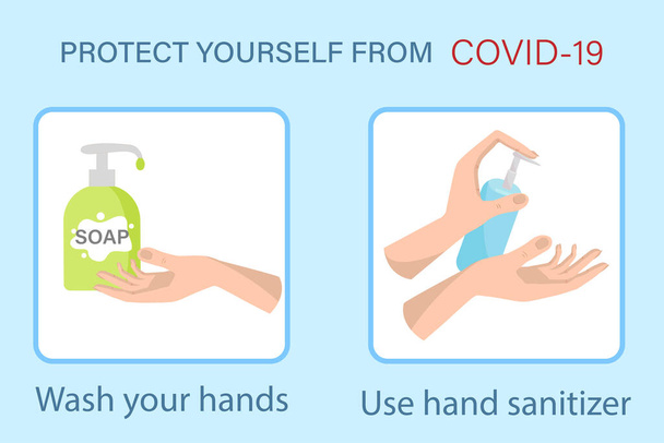 Higiene. El coronavirus covid-19 es un desinfectante preventivo para las manos que protege las manos de los virus. Lávese las manos y use un antiséptico. - Vector, imagen