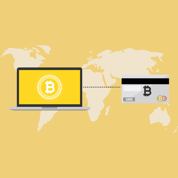 Sarı arka planda izole edilmiş bir dünya haritasında dizüstü bilgisayar kartı bitcoin 'i - Vektör, Görsel
