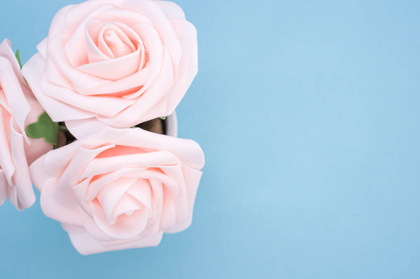 A top view closeup of three artificial light pink roses placed in a pot isolated on a blue background - Foto, Imagen