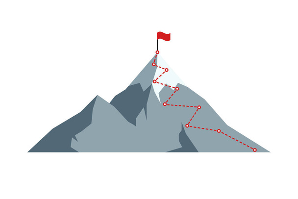 Ορειβατική διαδρομή στην κορυφή με κόκκινη σημαία στην κορυφή του βράχου. Επιχειρησιακή διαδρομή διαδρομής σε εξέλιξη κίνητρο και την επιτυχία στόχο φιλοδοξία έννοια. Καριέρα αποστολή στόχο κατεύθυνση διανυσματική απεικόνιση - Διάνυσμα, εικόνα