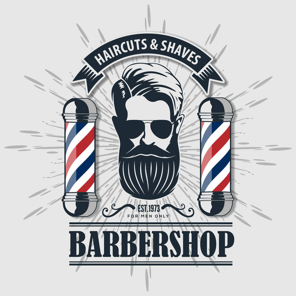 Logo zakładu fryzjerskiego, projekt plakatu lub banera z kijem fryzjerskim i brodatymi mężczyznami. Ilustracja wektora - Wektor, obraz