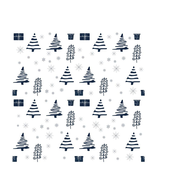Modré Vánoce bezešvé vzor s dárky a borovicemi, zdobené sněhem na bílém pozadí, upravitelné. Stylový, moderní, trendy dovolená design pro balení, rapbook. - Vektor, obrázek
