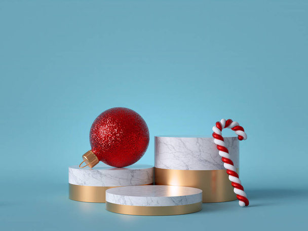 3d abstract background with Christmas ornaments. Glass red ball with candy cane. Round white marble podium, blank pedestal steps, empty space. Cylinder platform. Product showcase mockup. - 写真・画像