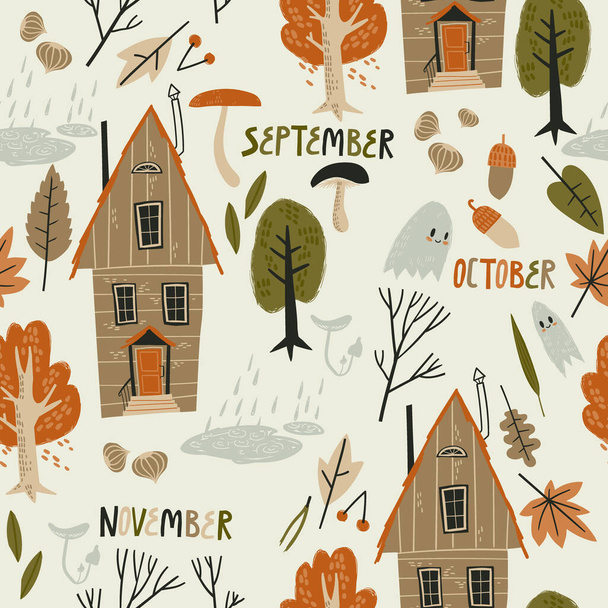 Fall seamless pattern with cozy nature elements. Lanscape with cozy wooden houses, color trees, rain and spooky little ghosts. - Vettoriali, immagini