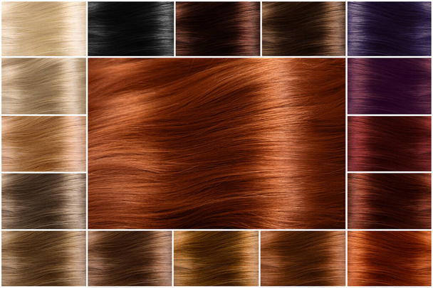 Color chart for tints. Hair color palette with a wide range of swatches. Dyed hair color samples arranged on a card in neat rows. Tints. Colour set. Hair texture in diferent colours. - Photo, Image