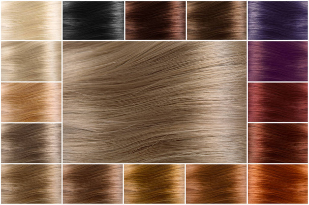 Color chart for tints. Hair color palette with a wide range of swatches. Dyed hair color samples arranged on a card in neat rows. Tints. Colour set. Hair texture in diferent colours. - Photo, Image