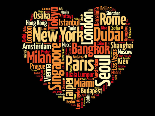 Top 100 Międzynarodowy Cel Turystyki Miasta skomponowane w kształcie serca znak miłości, słowo chmura collage, biznes i koncepcja podróży tło - Zdjęcie, obraz