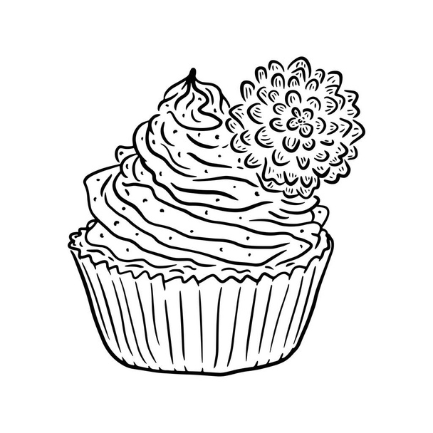Black and white illustration of cupcake with cream on a white background. Vector hand drawn illustration of a dessert decorated with a flower. Isolated holiday baking for postcards, print, textiles. - Vector, Image