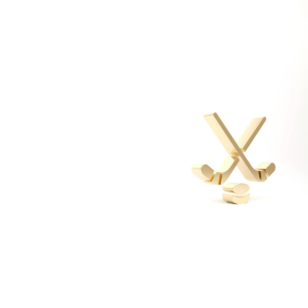 Gold Ice hockey sticks and puck icon isolated on white background. Game start. 3d illustration 3D render. - Photo, Image