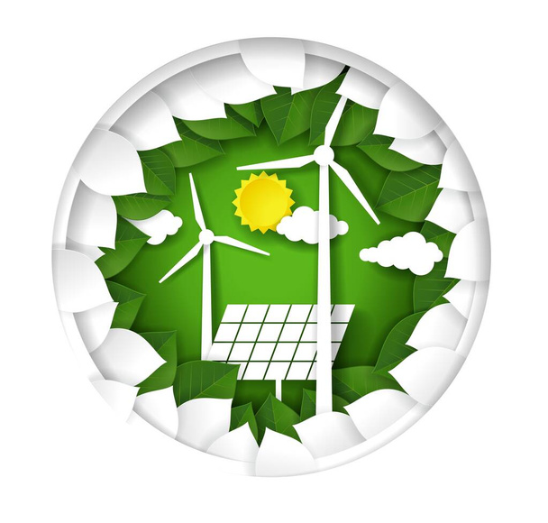 Green energy logo. Paper cut windmills and solar panels. Vector illustration in paper art style. - Vecteur, image