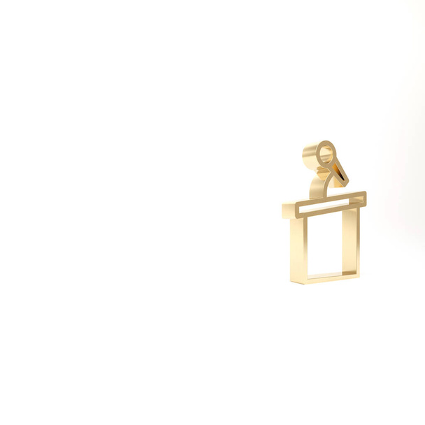 Gold Stage Stand oder Debatte Podium Symbol isoliert auf weißem Hintergrund. Redetribüne der Konferenz. 3D Illustration 3D Renderer. - Foto, Bild