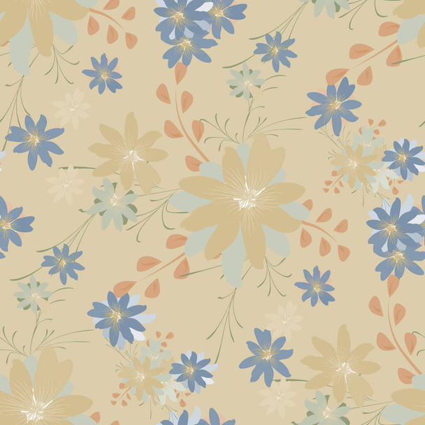 Seamless Pattern with Daisy Flowers. Bright Texture for Print, Textile, Linen, Cloth. Pretty Pattern for Wrapping Paper. Vector Wild Flowers. Endless Texture. Colorful Rapport in Retro Style. - Вектор,изображение