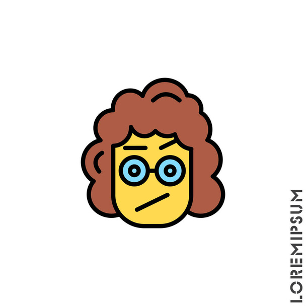 Verdrietig en verward met een opgetrokken wenkbrauw geel Emoticon meisje, vrouw Icon Vector Illustratie. Stijl. Verleidelijke glimlach. Boze icoon vector - Vector, afbeelding