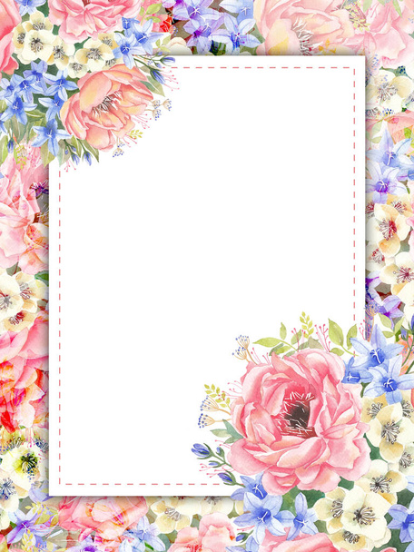 Acquerello disegnato a mano banner estate fiori peonie, trillium, fiori di mela.  - Foto, immagini