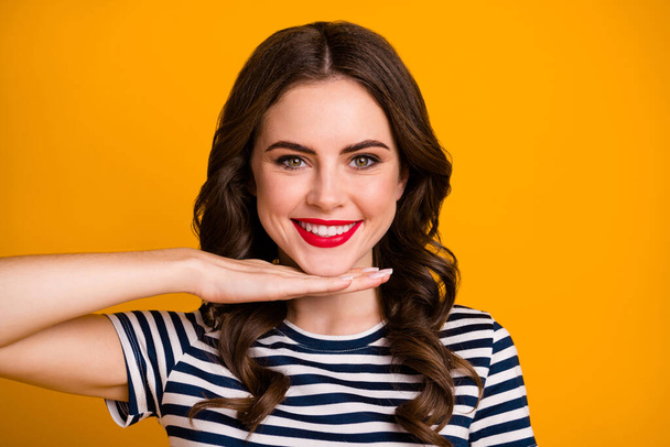 Close-up portrait of her she nice attractive lovely winsome perfect glamorous cheerful wavy-haired girl demonstrating healthy teeth isolated on bright vivid shine vibrant yellow color background - Foto, Imagen