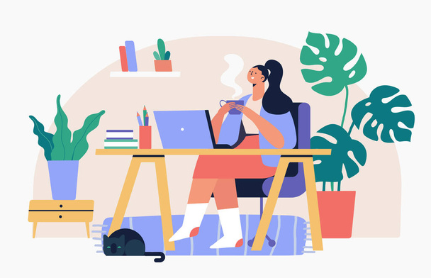 Young woman working at home on laptop. Virtual meeting. Stay home. Online conference. Flat style Vector illustration - Vector, Image