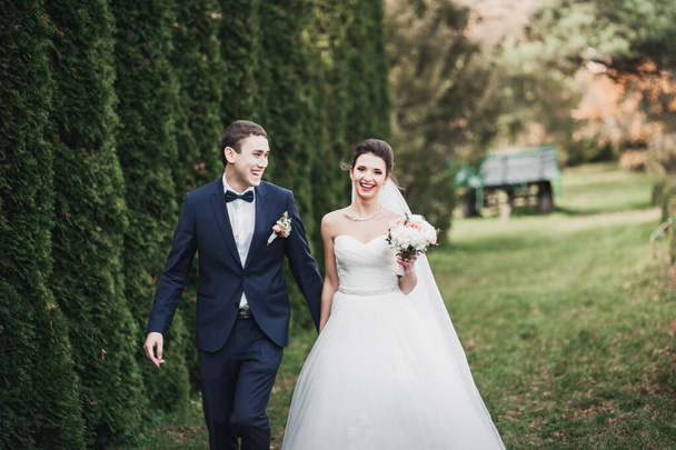 Stylish couple of happy newlyweds walking in the park on their wedding day with bouquet - Фото, зображення