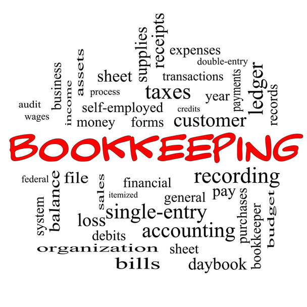 Conceito de nuvem do Word Bookkeeping em tampas vermelhas
 - Foto, Imagem