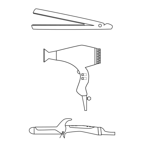 Hairdo fazer set com alisador de cabelo, ferro de ondulação e secador de cabelo. Cabeleireiro ferramenta esboço vetor isolado ícone - Vetor, Imagem