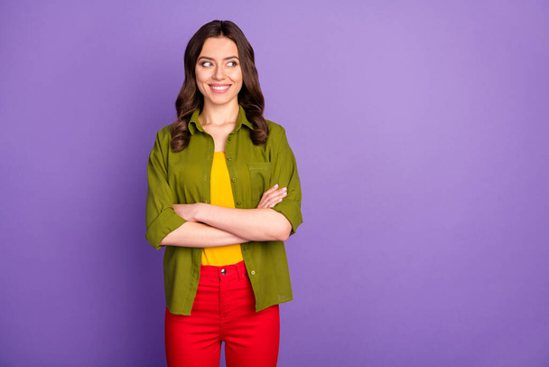 Portrait of pretty lovely manager girl cross hands look copyspace wear casual style outfit isolated over purple color background - Foto, afbeelding