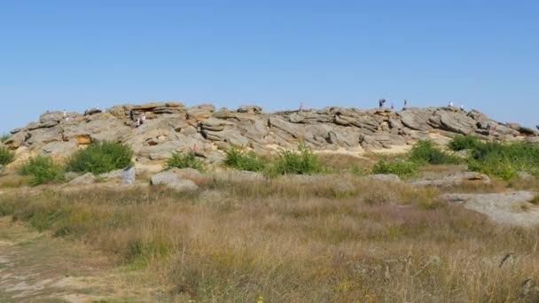 Ukrayna 'daki Tarihi Rezerv' de dünyaca ünlü anıt ve antik insanların kutsal yeri olan Kamyana Mohyla ya da Taş Mezar 'ın devasa kayaları. Petrogliflerle süsledim. Taş Mezar - Video, Çekim