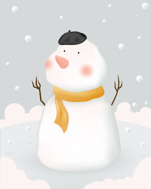 Snowman and Winter landscape with paper art style and pastel color scheme vector illustration - Vector, Image