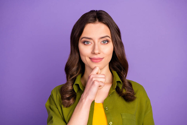 Portrait of clever intelligent nice girl touch hands face ready think plan future weekends wear casual style clothes isolated over vivid violet color background - Fotó, kép