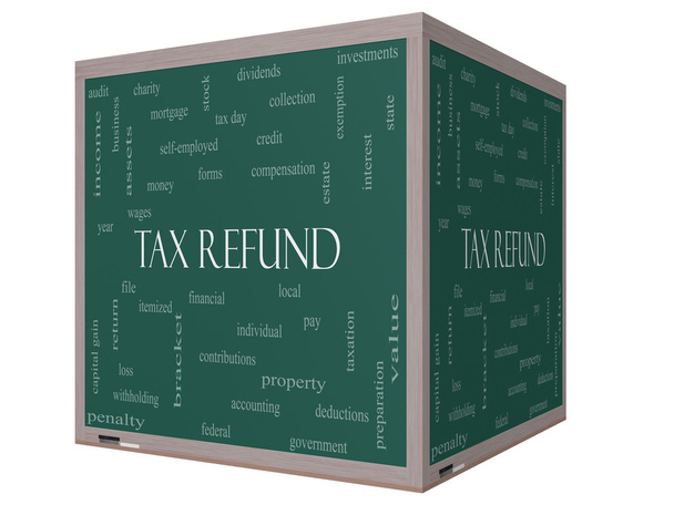 vergi iadesi kelime bulutu kavramı 3d cube yazı tahtası üzerinde - Fotoğraf, Görsel