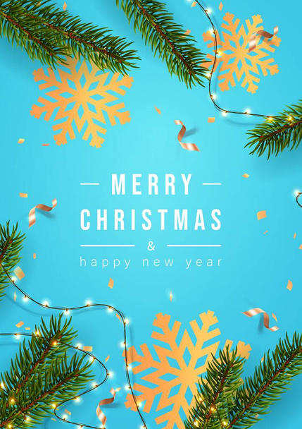 Feliz Navidad tarjeta de felicitación o cartel con Chrirstmas decoración ramitas de abeto y confeti, vector de ilustración. - Vector, Imagen
