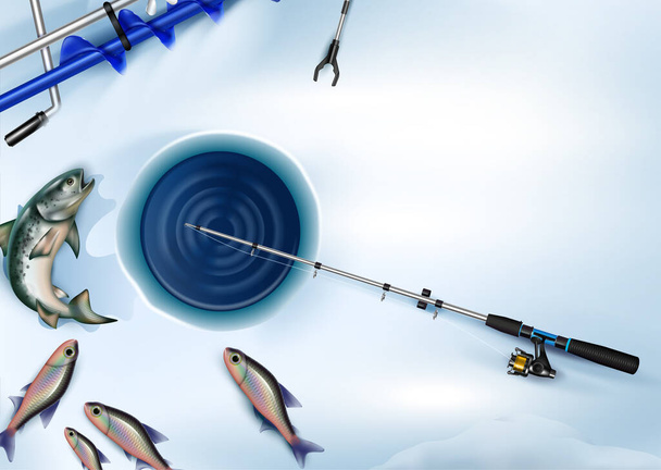 Зимняя рыболовная реалистичная композиция - Вектор,изображение