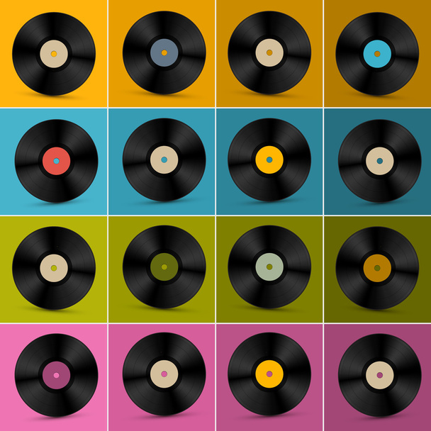 Retro, vintage vector vinyl record disc ingesteld op kleurrijke achtergrond - Vector, afbeelding