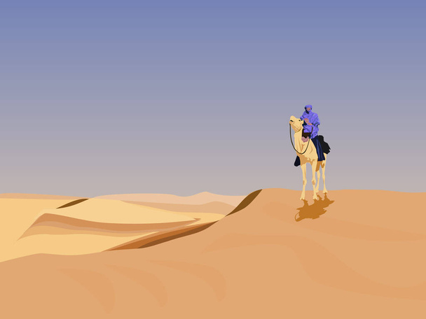 Верблюжий всадник в пустыне имеет небесный фон. - Вектор,изображение
