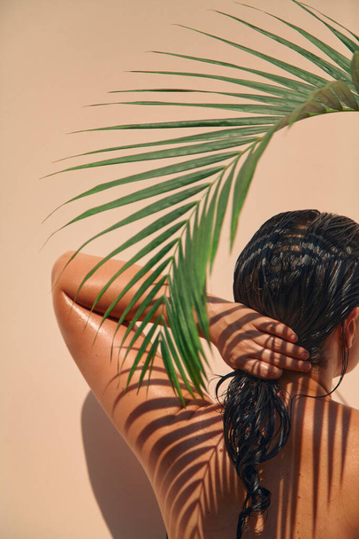 Erotica under the palm tree. A nude, plus-size brown-haired woman touches her hair under a green Hovei palm tree. View from the back. The original shadows turned out on the bod - 写真・画像