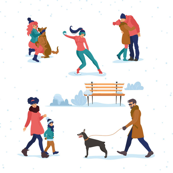 Gente al aire libre en el parque de invierno en ropa de abrigo aislado sobre fondo blanco. Ilustración vectorial. - Vector, Imagen