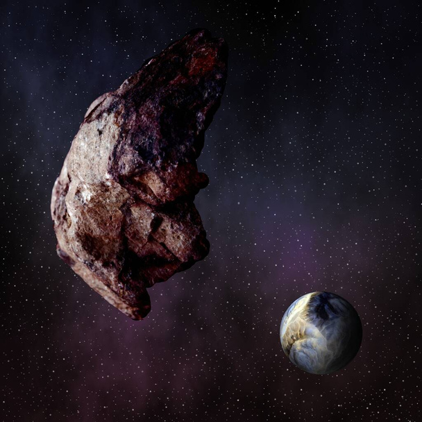 asteroide asesino, destructor total del planeta, paisaje espacial con un planeta, sobre un fondo estrellado y un colorido polvo de estrellas. - Foto, imagen