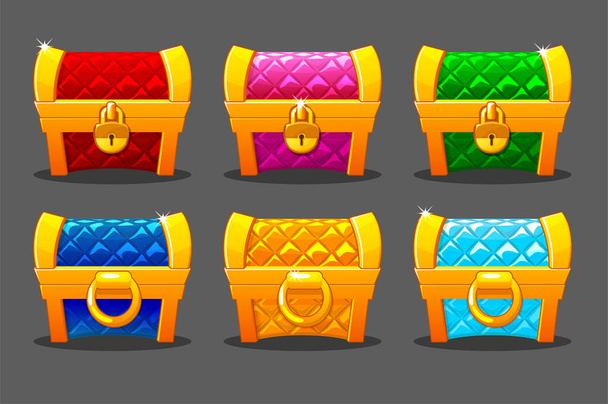 A set of brightly colored gold soft chests for the game. - Vector, imagen