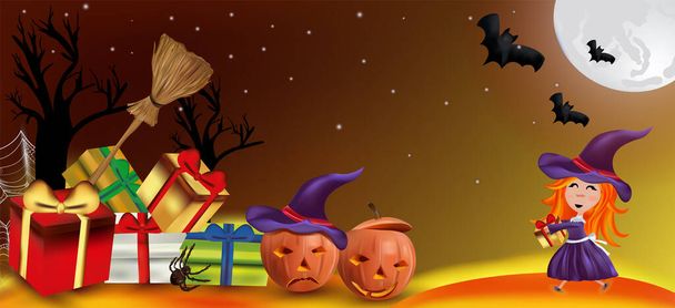 Characters Halloween pumpkins, cobweb, bats, broomstick, spider and little witch with a hat. Happy characters under the moonlight, Happy Halloween. Vector illustration. - Vector, Image