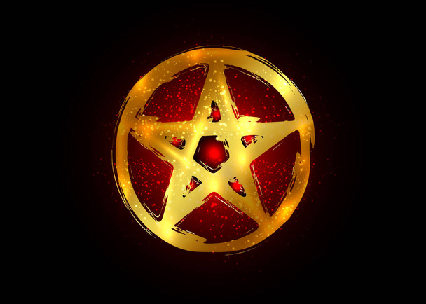 Pentagramme d'or symbole occulte. wiccan sigil pentacle ésotérique coup de pinceau style grunge. Vecteur isolé sur fond noir et rouge   - Vecteur, image