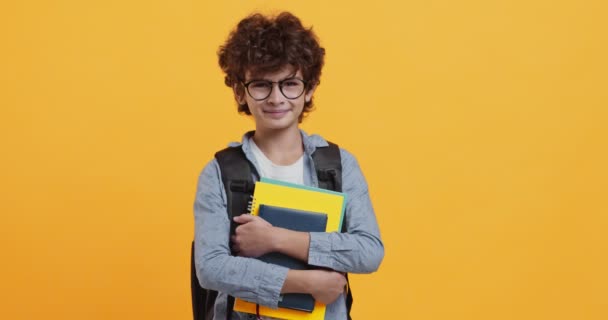 Bereit für die Schule. Studioporträt eines fröhlichen Schuljungen mit Brille und Rucksack, der Bücher hält und lächelt - Filmmaterial, Video